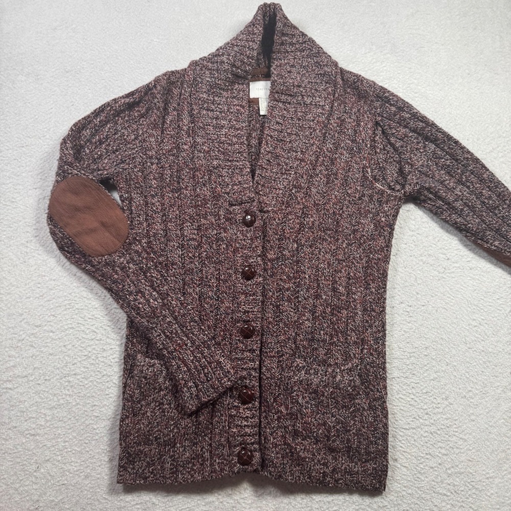 Forever 21 Cardigan Sweater Womens Medium Brown Marled Knit Elbow Patch Good